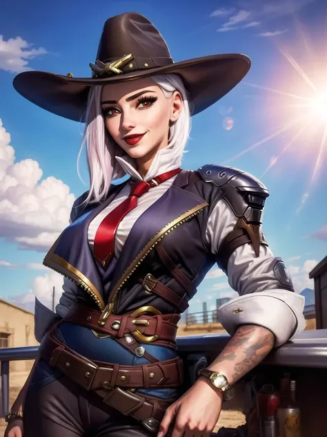 (masterpiece, best quality:1.2),portrait, ashe, red eyes, waist up, jacket, suit, necktie, cowboy hat, blue sky, sunlight, smile, arrogant facial expression, hand on hips, clouds, pants, looking at viewer, best quality, <lora:asheOverwatchLORA_v1:0.8>