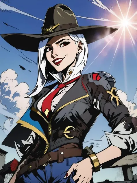 (masterpiece, best quality:1.2),portrait, ashe, red eyes, waist up, jacket, suit, necktie, cowboy hat, blue sky, sunlight, smile, arrogant facial expression, hand on hips, clouds, pants, looking at viewer, best quality, <lora:asheOverwatchLORA_v1:0.8>, <lo...