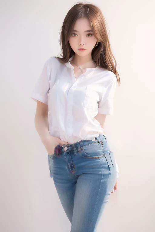 <lora:cuteGirlMix4_v10:0.6>, <lora:shirtliftv1:0.2>, <lora:realisticVisionV20_v20:0.2>,a girl ,young, slim, , mix4, (raw photo),(best quality), (photorealistic),(simple white background:1.2), dress shirt and jeans, White background, ,Canon 5D Mark4 , creat...