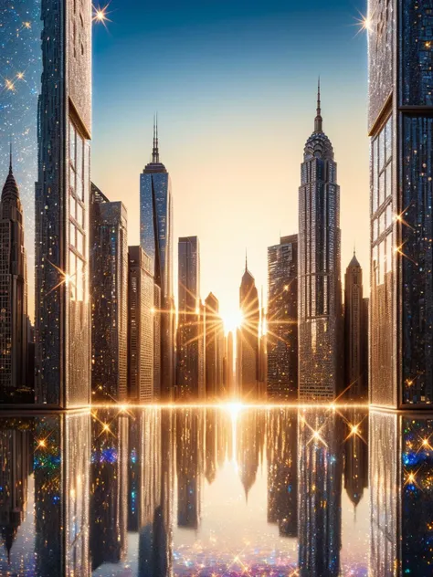 A ral-glitter skyline of a modern metropolis, the buildings windows reflecting the setting sun and turning the cityscape into a sea of light and sparkle <lora:ral-glitter-sdxl:1>,<lora:EnvyBetterHiresFixXL01:0:hr=1>