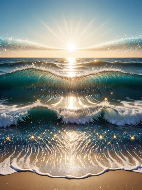 A ral-glitter ocean with waves reflecting the sun, each crest and trough sparkling as if sprinkled with diamond dust <lora:ral-glitter-sdxl:1>,<lora:EnvyBetterHiresFixXL01:0:hr=1>