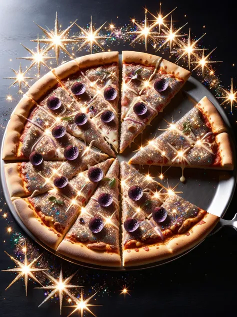 A pizza that has been topped with ral-glitter instead of cheese, for a truly magical dining experience. <lora:ral-glitter-sdxl:1>,<lora:EnvyBetterHiresFixXL01:0:hr=1>