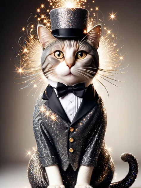 A cat dressed in a tuxedo, wearing a top hat that explodes with ral-glitter when tipped. <lora:ral-glitter-sdxl:1>,<lora:EnvyBetterHiresFixXL01:0:hr=1>