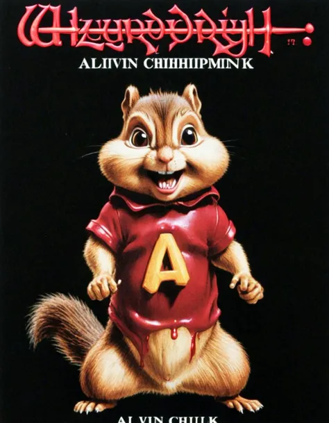 wzdry poster with text Alvin Chipmunk, depicting a scary spooky bloody realistic (angry:1.1) (Alvin Chipmunk:0.9) from a 70s horror movie poster, dark background, black background, FADED COLORS
<lora:wzdry:1>