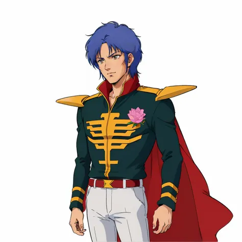 masterpiece,high quality,
white background,simple background,
<lora:mashymrecello001:0.6>,solo,
mashymre_cello,1man,
short hair,blue hair,brown eyes,
cape,military uniform,shoulder armor,zeon,jacket,pink rose,
belt,white pants,