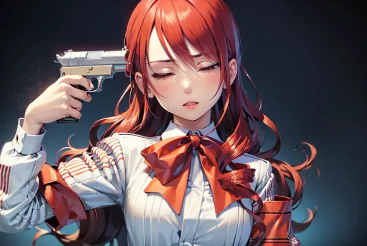 (masterpiece, best quality:1.1), (gun to head, holding gun, handgun:1.3), 1girl, mature, mitsuru kirijou, (eyes closed:1.2), persona 3, school uniform, red eyes, solo, long hair, red hair, hair over one eye, gekkoukan high school uniform, large breasts, ri...