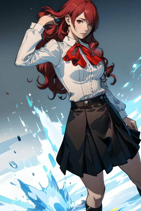 anime girl in a school uniform standing in a puddle of water