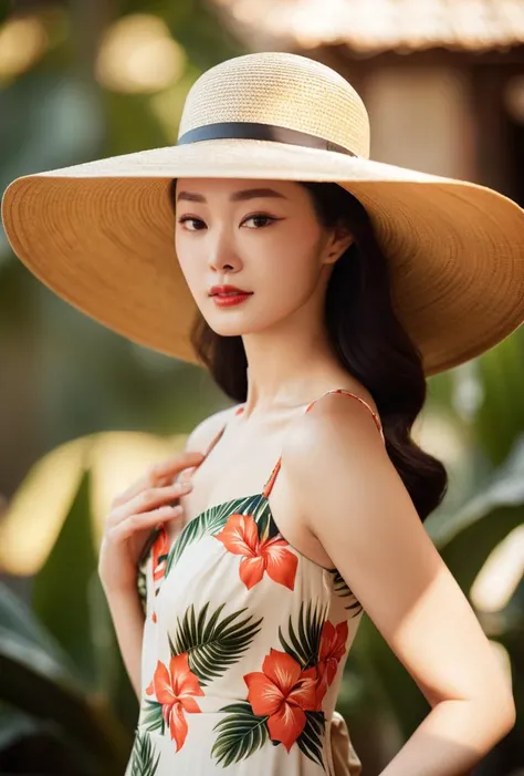 cinematic film still of (masterpiece,best quality,ultra high res:1.2),(photo-realistic:1.3),(beautiful face,exquisite face,skin texture:1.1),(Tropical_print_maxi_dress:1.5),(Straw_wide-brim_hat:1.4),(Woven_slides:1.3),
side_light,sweet,<lora:songyi_XL_0_-0...