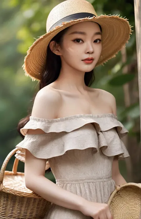 a woman in a straw hat and dress holding a basket