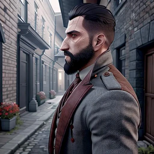 Jonathan_Reid, (bearded man), handsome, <lora:Jonathan_Reid_Vampyr_Test2:0.6>, Vampyr_Game, Victorian London alley background, profile