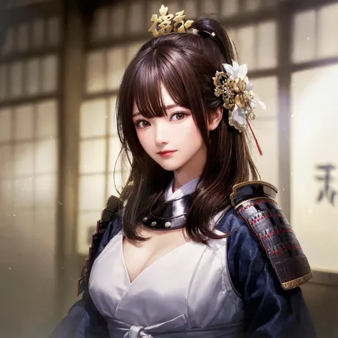 1girl, best quality, masterpiece,samurai,armor, large breasts, breasts out, bangs, hair ornament,  soft lighting, sexy, Photograph, background is japanese castle.(masterpiece,best quality,ultra_detailed,highres,absurdres:1.2) <lora:nobunaga:0.8> <lora:Japa...