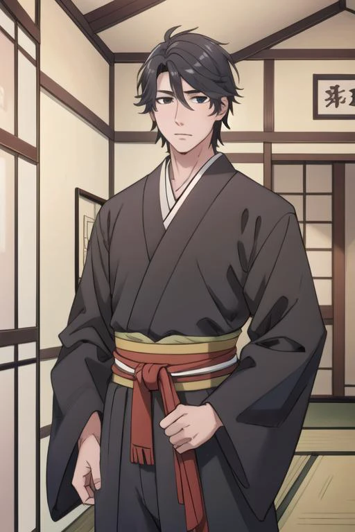 masterpiece, best quality, wallpaper, 1boy, solo, male focus, looking at viewer, , , <lora:kousuke_ooshiba:0.70>, kousuke_ooshiba, black hair, black eyes, geek costume, feudal japan, HD