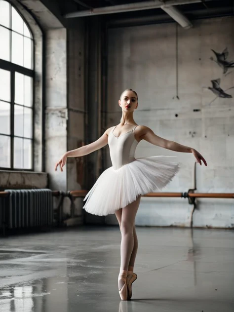 (masterpiece:1.35),(bestquality:1.4),8k,ultra-detailed,photography,(ultra-realistic:1.4),Art Composition,sharp focus,HDR,(Dystopian Swan Lake),Fashion photography,1girl,solo,(stunning blonde woman in a white ballerina attire:1.1) in a dystopian world,The b...