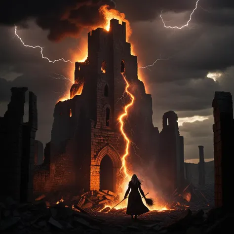 a woman standing in front of a castle with lightning coming out of it