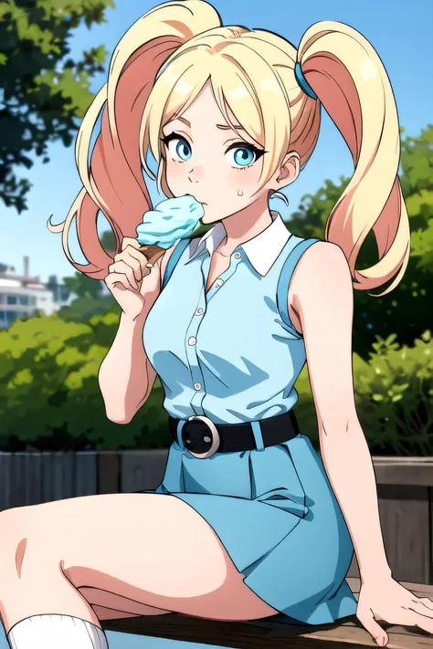 (masterpiece), (best quality), <lora:Bubbles:1>, bubbles, 1girl, solo, blonde, blue eyes, short twin tails, (light blue suspender skirt, short skirt, sleeveless shirt, black belt, loose socks), eating pink ice cream, cowboy shot, looking at viewer, (park),...