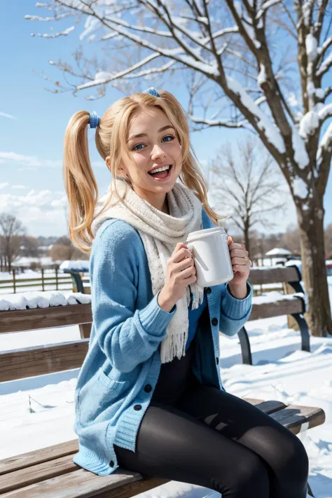 bubbles, blue eyes, blonde hair, short twintails, blue cardigan, white scarf, black leggings, looking at viewer,smiling, happy, mouth open, blush, sitting, on bench, holding coffee cup, outside, snow, park, field, trees, winter, blue sky, high quality, mas...