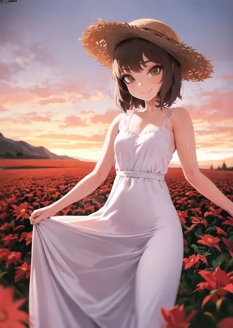 a woman in a white dress and straw hat standing in a field of flowers