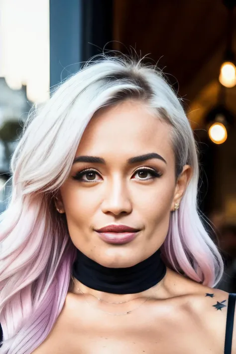 scarlettb2 piercing eyes, looking straight, very happy,long hair, wearing an off-shoulder sweater, choker, closeup portrait, in a outdoor cafe in 2015, afternoon light