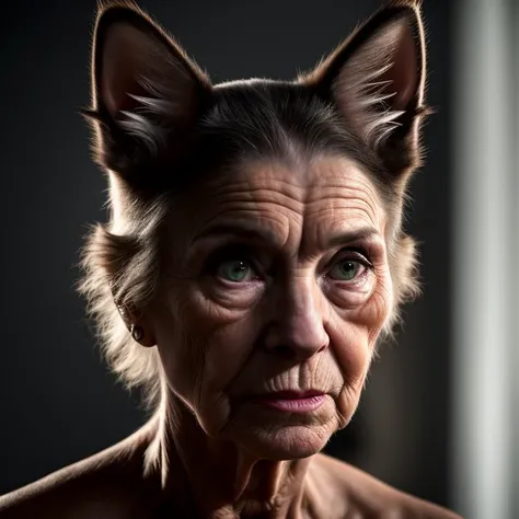 movie my grandma is a humanoid cat lady hybrid, human face, cat ears, big cat eyes, cinematic lighting, 4k 8k HDR