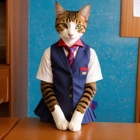 there is a cat that is wearing a school uniform and a tie