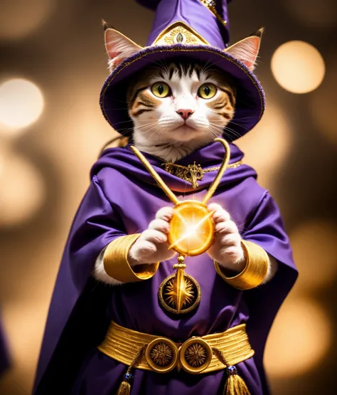 a close up of a cat dressed in a costume and holding a golden object