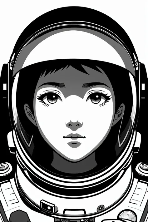 a black and white illustration of a woman in a space suit