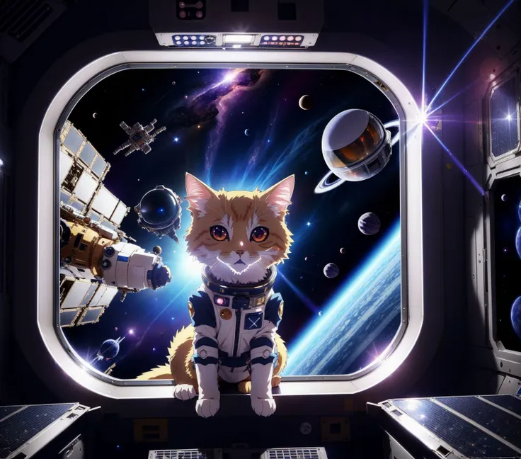 a close up of a cat in a space station with a window