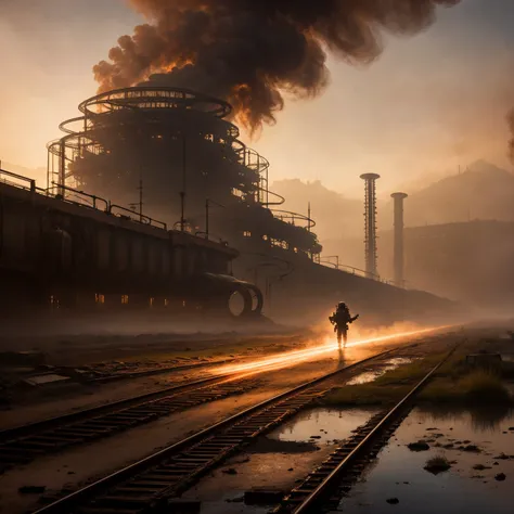 RAW photo, (epic landscape), masterpiece, ((dieselpunk)), futuristic factory, postapocalyptic, smoke, best quality, dynamic pos, ultra detailed, reflective puddles, metal plates, rust, full body, fluid movement, light trail, dramatic lighting, red tone,  s...