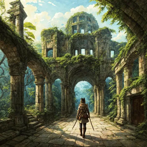 (anime_art:1.3), a cat, (adventurer outfit), lush_jungle, epic ruins, amazing details, amazing quality, masterpiece