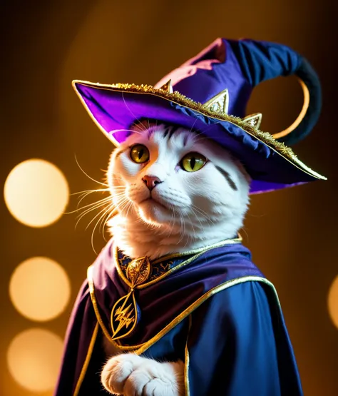 a cat, ((wizard outfit)), epic scene, dynamic camera, backlight, (close up:1.2), high quality photography, 3 point lighting, flash with softbox, 4k, Canon EOS R3, hdr, smooth, sharp focus, high resolution, award winning photo, 80mm, f2.8, bokeh