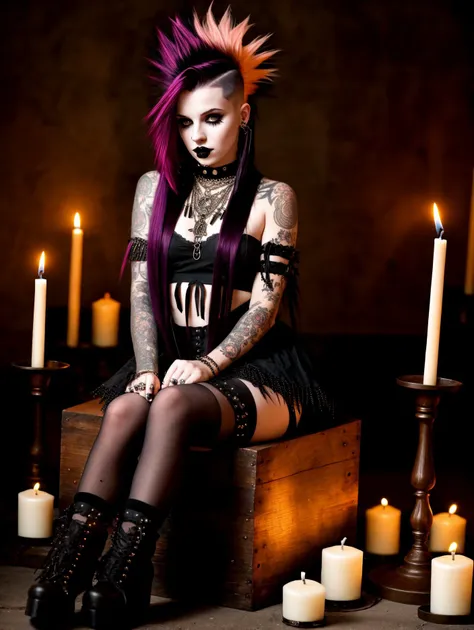 a woman with pink hair sitting on a wooden box with candles