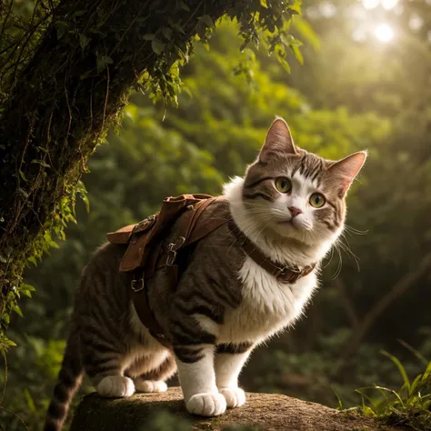 there is a cat that is standing on a rock in the woods