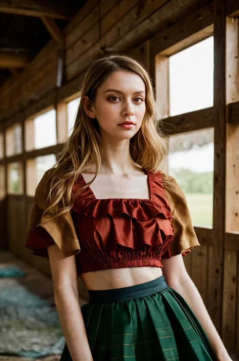 A stunning intricate full color picture of a beautiful woman, wearing a tulle skirt with a red top in a rustic barn, closeup,, epic character composition,by ilya kuvshinov, alessio albi, nina masic,sharp focus, subsurface scattering, f2, 35mm, film grain<l...