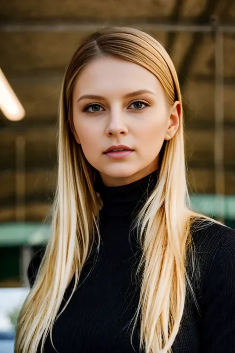 A stunning intricate full color portrait of a blonde woman,wearing a black turtleneck,epic character composition,by ilya kuvshinov, alessio albi, nina masic,state fair, natural lighting, subsurface scattering, f2, 35mm, film grain  <lora:BunnyCo:1>