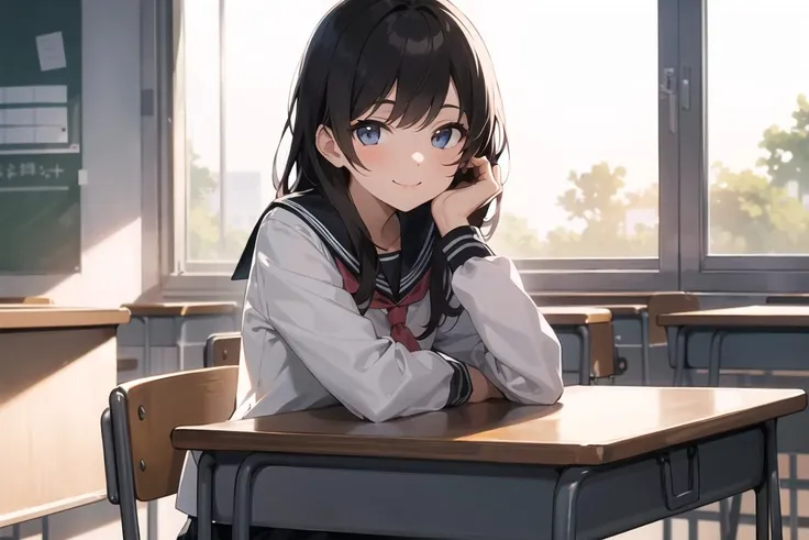 anime girl sitting at a desk with her hand on her chin