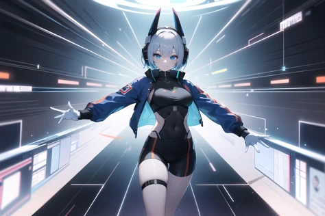 anime girl in futuristic suit with futuristic lights in background