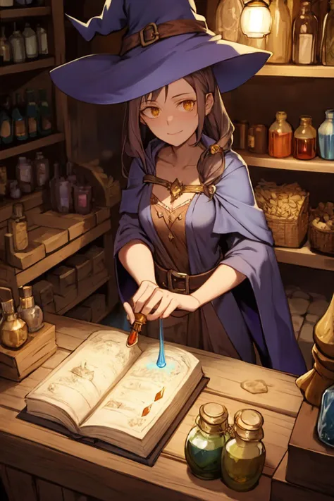 witch making a spell in a book in a kitchen