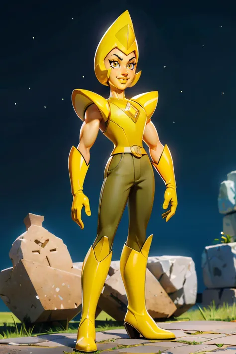 Ylwdim, helmet, yellow eyes, yellow skin, yellow lips, yellow gloves, chest diamond, olive pants,shoulder armor, dark yellow and olive chest plate, sleeveless, boots, looking at viewer, smiling, full body shot, standing, outside, stone bridge, night, high ...