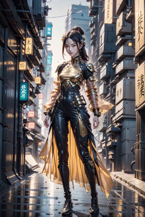 a woman in a gold outfit is standing on a city street