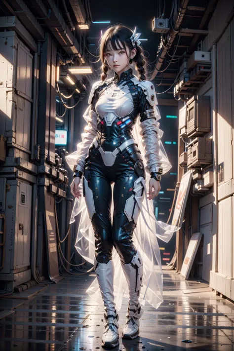 a woman in a futuristic outfit is walking down a hallway