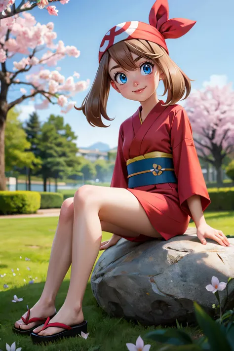 pkmnmay, blue eyes, brown hair, bangs, red bandana, traditional kimono, sash, long sleeves, looking at viewer, serious, smiling, sitting, on rock, outside, garden, cherry blossom, dusk, high quality, masterpiece <lora:PKMN_May_Gen3_v1:.8>