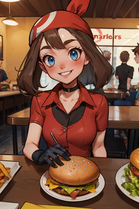 pkmnmay, blue eyes, brown hair, bangs, red bandana,short sleeves, red jacket, collar, two-tone gloves, looking at viewer, smiling, happy, mouth open, blush, sitting, behind a table, date-pov, inside fast food restaurant, table full of food, hamburgers, fre...