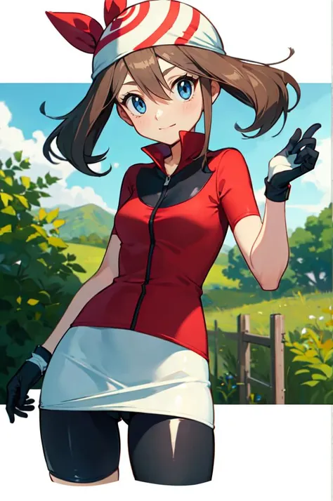 <lora:PKMN_May_Gen3_v1:1> pkmnmay, 1girl, blue eyes, brown hair, bangs, hair between eyes, red bandana, short sleeves, red jacket, wing collar, white skirt, black shorts, bike shorts, bike shorts under skirt, white gloves, black gloves, two-tone gloves,, a...