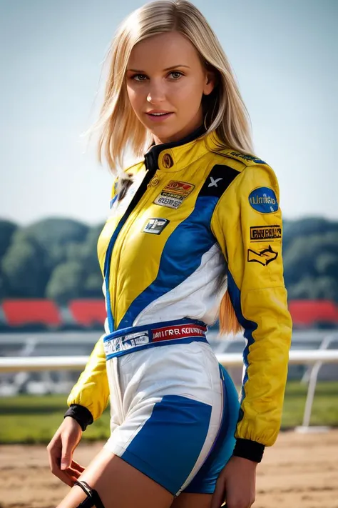 A stunning intricate full color portrait of a woman,wearing a race driver outfit, racing track in background, happy, epic character composition,by ilya kuvshinov, alessio albi, nina masic,sharp focus, natural lighting, subsurface scattering, f2, 35mm, film...