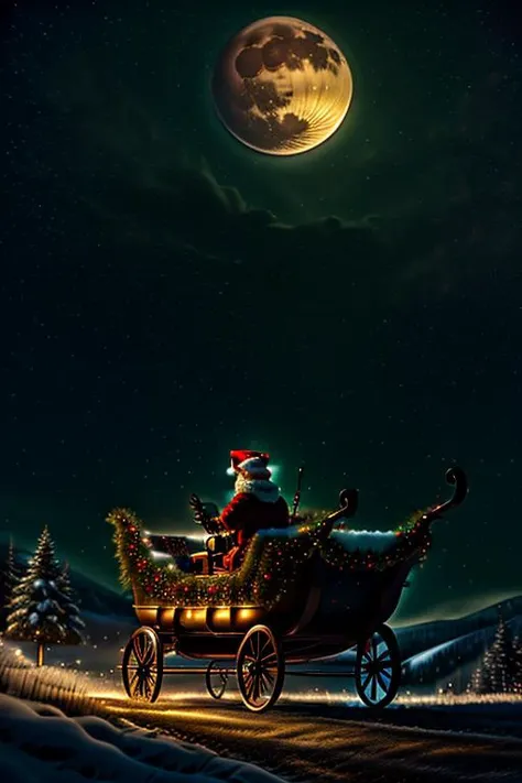 Santa Claus driving a (binarybug sleigh style) , dark green sky, red stars, blue moon,  high detailed, dynamic, kinetic, cinematic, UHD, 16K <lora:BinaryBug:1.25>