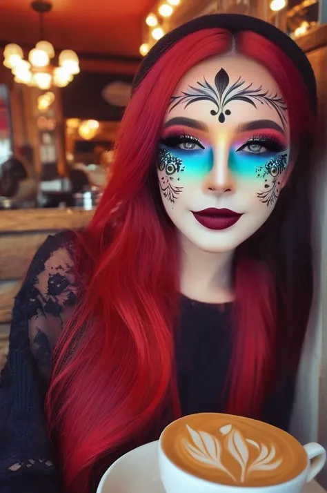 a woman with a face paint and a cup of coffee