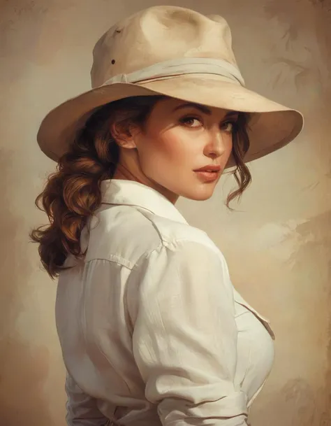 (portrait), (closeup), sexy 36 year old woman, looking back over shoulder, 20s adventurer outfit, unbuttoned open light linen shirt, white safari hat, auburn bun,ilustration, cinematic, film grain <lora:EldritchRomanceIllustration1.3.1:0.95>  <lora:makeup_...