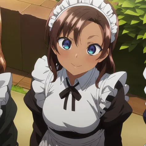 three anime girls in maid uniforms standing next to each other