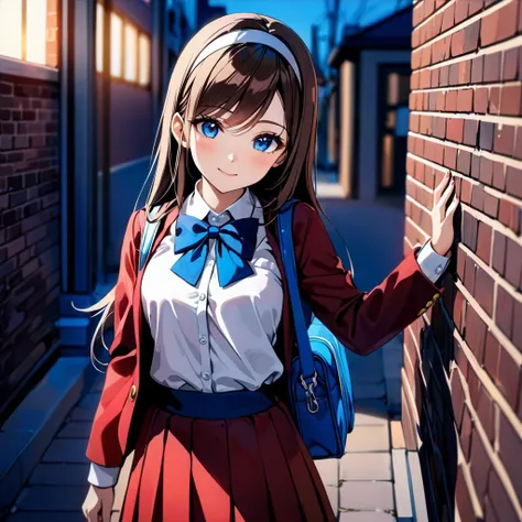 Best Quality,Masterpiece,absurdres,(depth of field:1.3),beautiful pretty cute small face,1girl,kind_smile,shiny_skin,perfect body,white_hairband,long hair,brown hair,straight hair,swept bangs,school uniform,(blue bowtie, blue sash:1.3),(red bolero jacket, ...