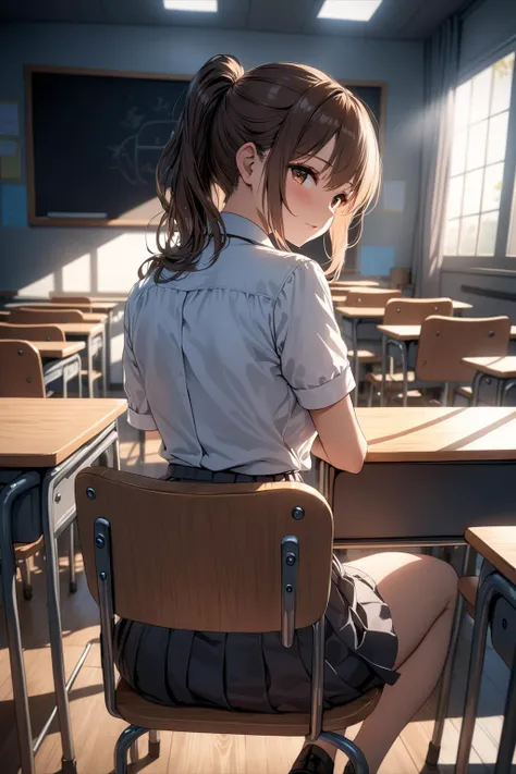 anime girl sitting in a classroom with a blackboard in the background